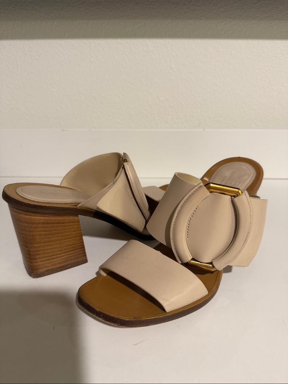 Beige Leather Block Heel Slide Sandals with Gold Accent